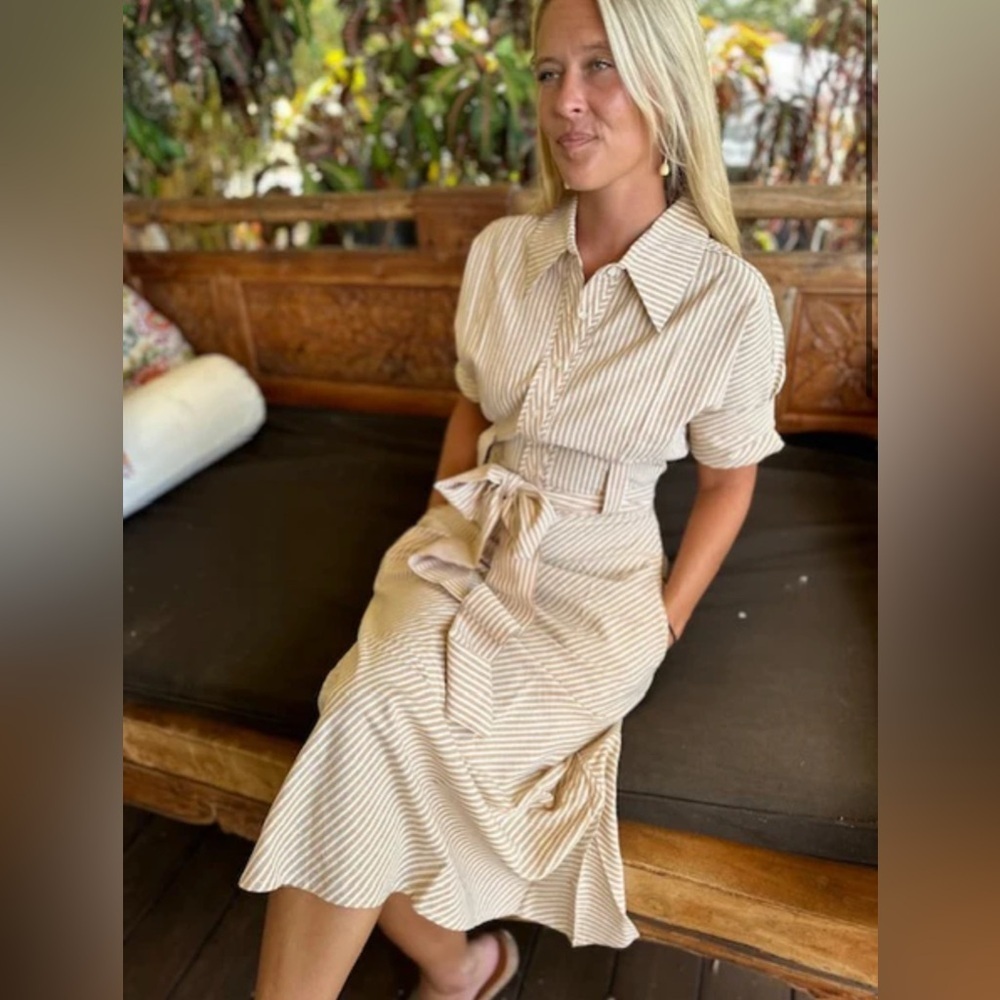 Indigo Handloom Travel Dress in Beige Stripe- Still Full Price
